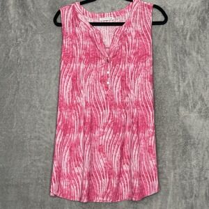 Notations 2X Women's Sleeveless Top Pink White Striped Henley Tank Stretch